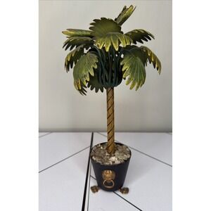 Vintage Tole Metal Palm Tree in Footed Pot w/Shell Accent, Hollywood Regency MCM